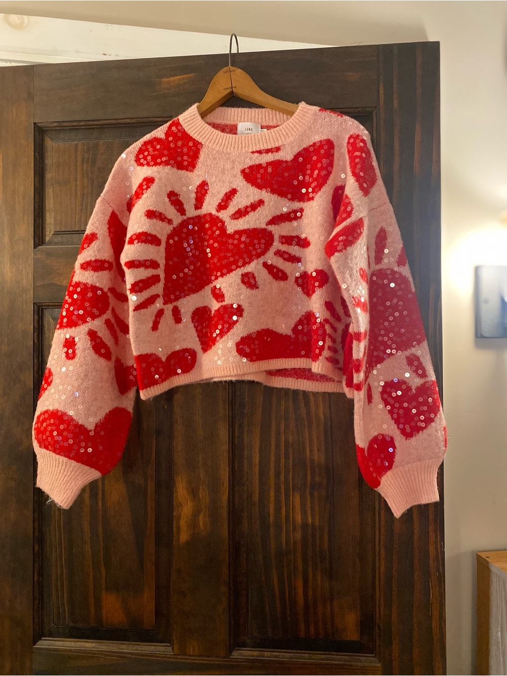 Sequin Heart Crop Sweater - Pink & Red
